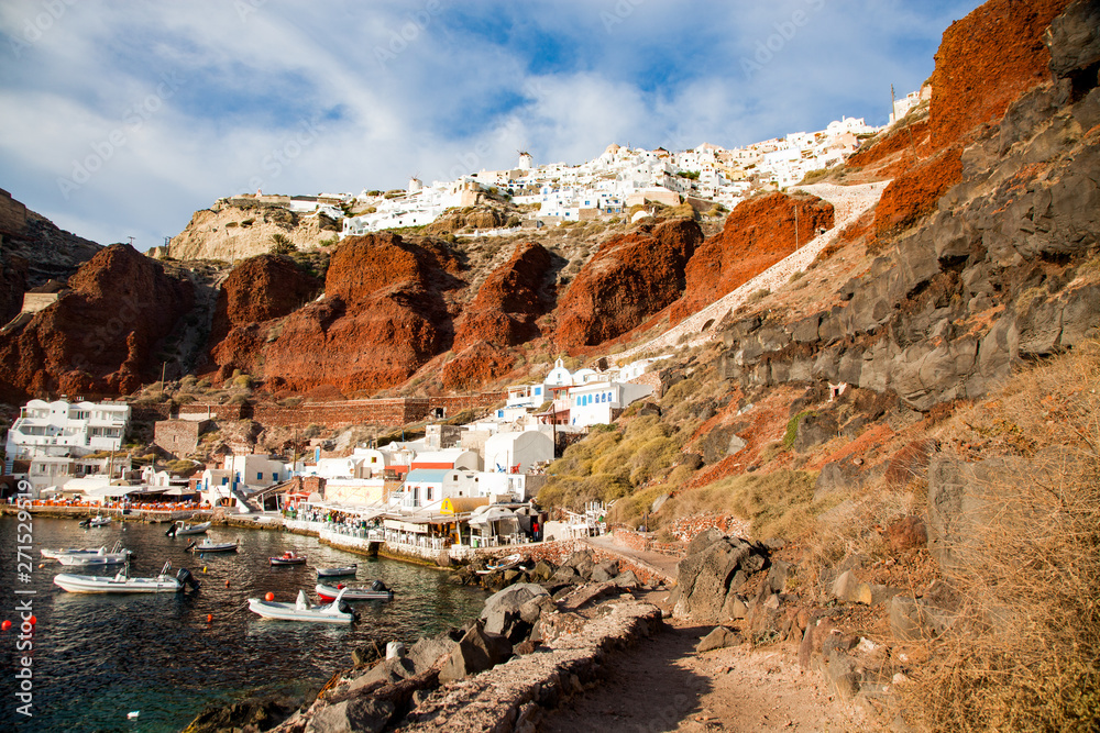 beautiful Oia town and caldera from old port Amoudi, Santorini island in Aegean sea, Greece