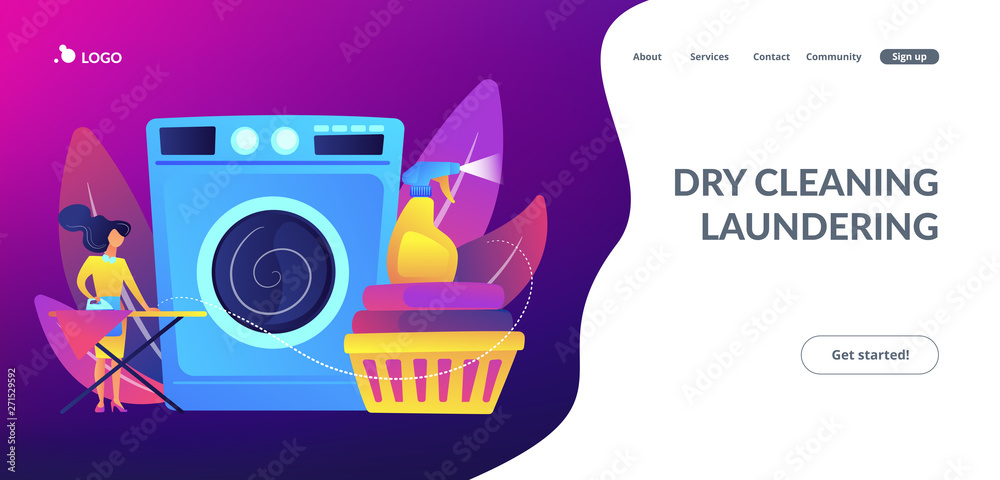 Obraz premium Laundry service worker ironing, washing machine. Dry cleaning and laundering, laundry facilities industry, cleaning and restoration services concept. Website vibrant violet landing web page template.