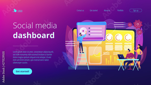 Social media specialists manage multiple accounts on huge laptop. Social media dashboard, online marketing interface, social media metrics concept. Website vibrant violet landing web page template.