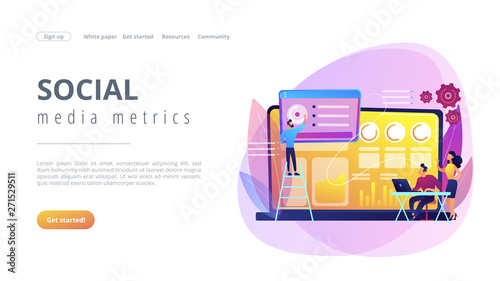 Social media specialists manage multiple accounts on huge laptop. Social media dashboard, online marketing interface, social media metrics concept. Website vibrant violet landing web page template.