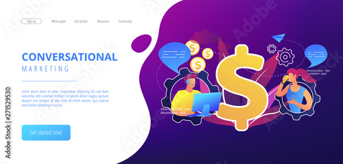 Customer has conversation on smartphone with assistant in real-time. Conversational sales, conversational marketing, real-time chatbot sale concept. Website vibrant violet landing web page template.