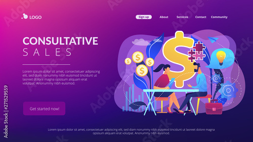 Salesperson suggesting a solution idea to consumers problem. Consultative sales, customer-oriented selling, trendy sales method concept. Website vibrant violet landing web page template.