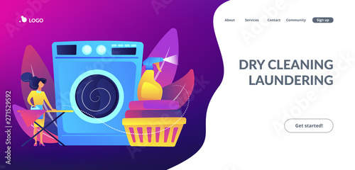 Laundry service worker ironing, washing machine. Dry cleaning and laundering, laundry facilities industry, cleaning and restoration services concept. Website vibrant violet landing web page template.