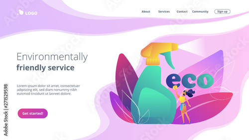 Green cleaning company employee tidies up with nature friendly spray. Green cleaning, eco cleaning company, environmentally friendly service concept. Website vibrant violet landing web page template.