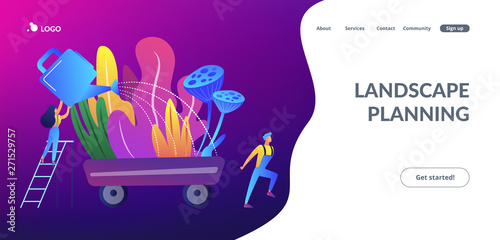 Landscape designer and gardener watering decorative plants on cart with water can. Landscape design, landscape planning, gardening services concept. Website vibrant violet landing web page template.