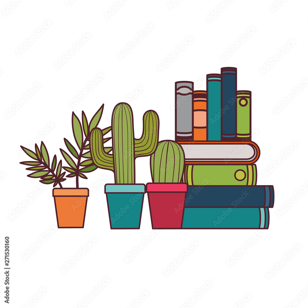 stack of books with houseplant on white background