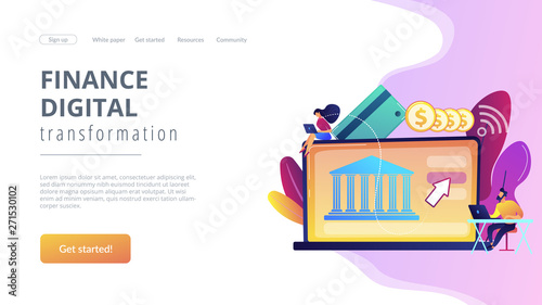 Tiny people with laptop and financial digital transformation. Open banking platform, online banking system, finance digital transformation concept. Website vibrant violet landing web page template.