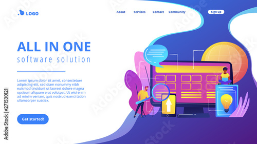 Tiny people developers at computer working on core system. Core system development, all in one software solution, core system modernization concept. Website vibrant violet landing web page template.