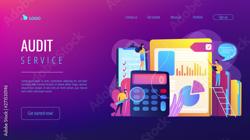 Tiny people auditors, accountant with magnifier during examination of financial report. Audit service, financial audit, consulting service concept. Website vibrant violet landing web page template.