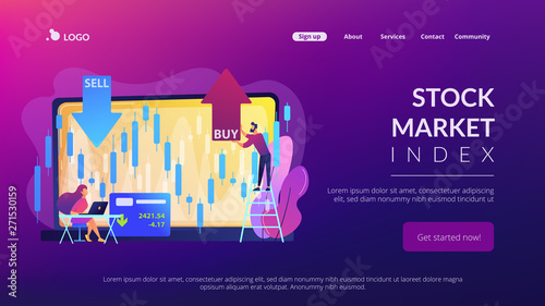 Tiny people stock traders at laptop with graph chart buy and sell shares. Stock market index, stockbroking company, stock exchange data concept. Website vibrant violet landing web page template.