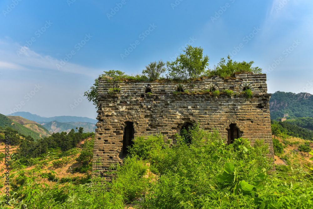 A close-up of the beacon fire tower enemy building of the Great Wall in ancient China, Yumuling, Qianxi County, Hebei Province, China.