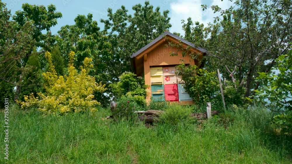 Wooden beehive, apiary in a garden Wooden beehive, apiary in a garden