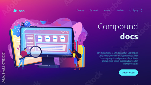 Tiny business people with magnifier work with document management on computer. Document management soft, document flow app, compound docs concept. Website vibrant violet landing web page template.