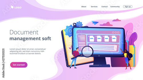 Tiny business people with magnifier work with document management on computer. Document management soft, document flow app, compound docs concept. Website vibrant violet landing web page template.