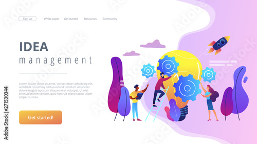 Tiny business people generating ideas and holding gears at big light bulb. Idea management, alternative thinking, best solution choice concept. Website vibrant violet landing web page template.