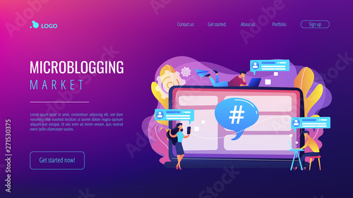 Tiny people customers receive messages from microblogging service. Microblog platform, microblogging market, microblog marketing service concept. Website vibrant violet landing web page template.