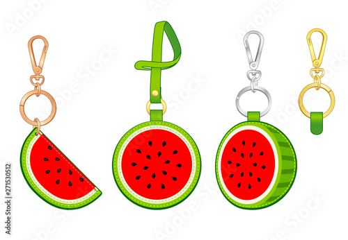 Red watermelon key chain/ bag charm, watermelon tag with strap, vector illustration sketch template