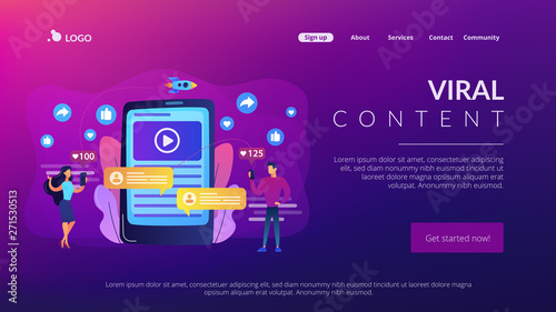 Digital marketing, online advertising, SMM. App notification, chatting, texting. Viral content, internet meme creation, mass shared content concept. Website homepage landing web page template.