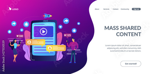 Digital marketing, online advertising, SMM. App notification, chatting, texting. Viral content, internet meme creation, mass shared content concept. Website homepage landing web page template.