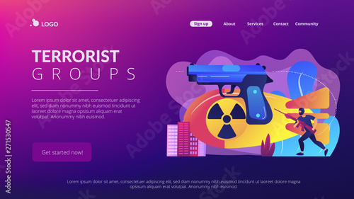 Armed terrorist in mask with nuclear bomb and weapon in city. International terrorism, terrorist groups, counter terrorist operation concept. Website vibrant violet landing web page template.