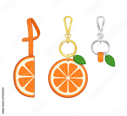 Tangerine slice printed key chain/ bag charm, Tangerine Semicircular tag with strap, vector illustration sketch template