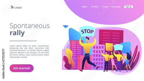 Crowd of protesting tiny people holding placards and banners with stop on the meeting. Mass meeting, assembly of people, spontaneous rally concept. Website vibrant violet landing web page template.