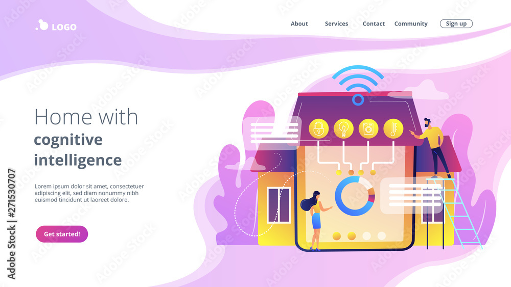 Tiny business people at innovative smart home automation system. Smart home 2.0, next generation IoT, home with cognitive intelligence concept. Website vibrant violet landing web page template.