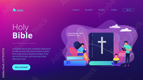 Tiny people christians reading the Holy Bible and learning about Christ. Holy Bible, sacred holy book, the word of God concept. Website vibrant violet landing web page template.