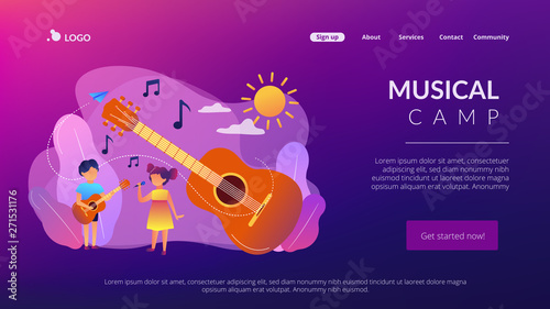 Happy kids enjoy singing and playing the guitar at summer camp, tiny people. Musical camp, young music talents, music and song courses concept. Website homepage landing web page template.