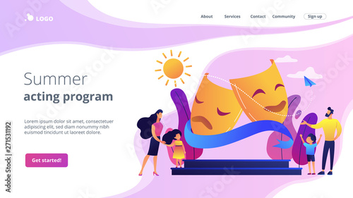 Kids with tutors enjoy acting on theater stage outside, tiny people. Theater camp, summer acting program, young actor courses concept. Website homepage landing web page template.