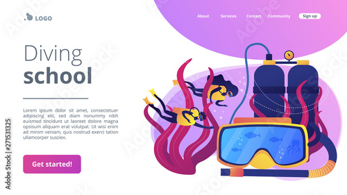 Scuba divers swimming under water and mask with snorkel, tiny people. Diving school, best commercial diving, all levels diver program concept. Website homepage landing web page template.