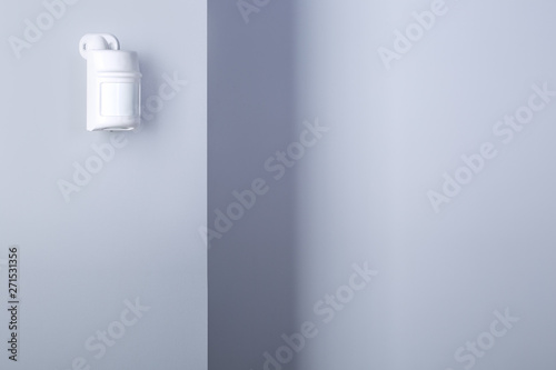 Motion sensor for security system mounted on wall.