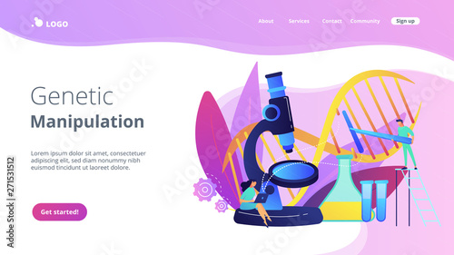 Microscope and scientists changing DNA structure. Genetic engineering, genetic modification and genetic manipulation concept on white background. Website vibrant violet landing web page template.