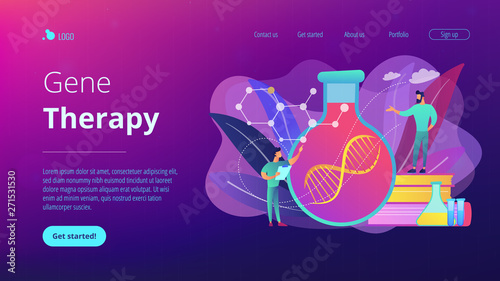 Scientists in lab working with huge DNA chain in the glass bulb. Gene therapy, gene transfer and functioning gene concept on white background. Website vibrant violet landing web page template.
