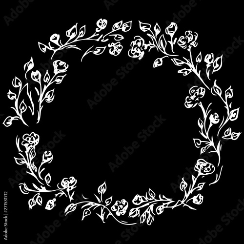 Wreath of roses or peonies flowers and branches isolated on black background. Foral frame design elements for invitations, greeting cards. Hand drawn vector illustration. Line art. Outline icon