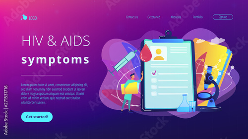 Doctor at clipboard with data, syringe with blood drop. AIDS, immunodeficiency virus infection and immune deficiency concept on white background. Website vibrant violet landing web page template.