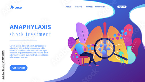 Male patient with anaphylactic symptoms and doctor with magnifier. Anaphylaxis, anaphylaxis shock treatment, allergic reaction help concept. Website vibrant violet landing web page template.