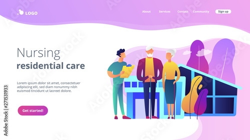 Skilled nurse and elderly people getting around-the-clock nursing care. Nursing home, nursing residential care, physical therapy service concept. Website vibrant violet landing web page template.
