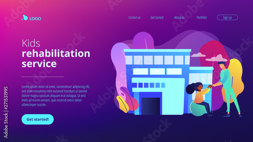 Physiotherapist and child gets treatment. Childrens rehabilitation centre, kids rehabilitation service, coordination and educational support concept. Website vibrant violet landing web page template.
