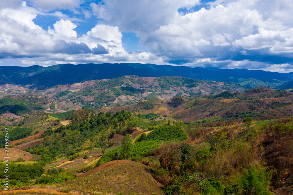 Fototapeta premium Aerial view of forest destroyed by agriculture of shifting cultivation on mountains.