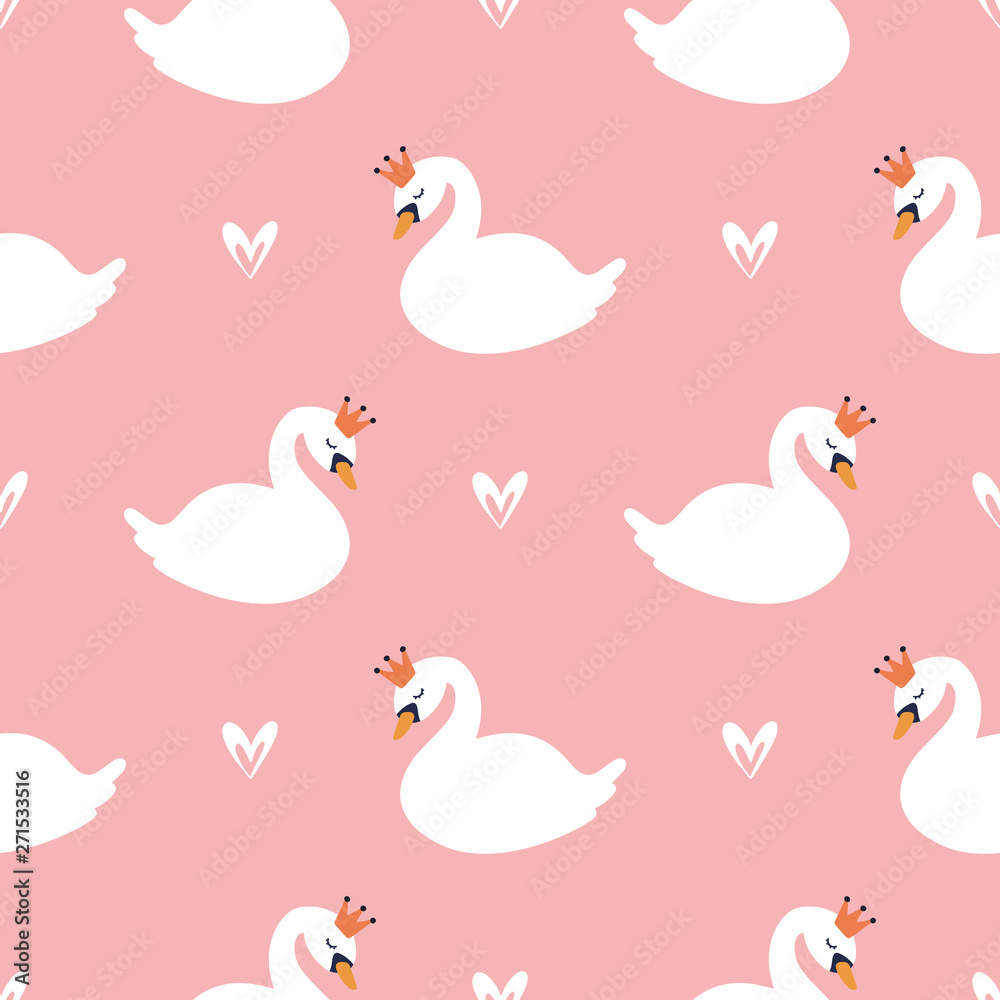 Cartoon cute swan seamless pattern, vector design for wrapping paper, textile, background fill design.