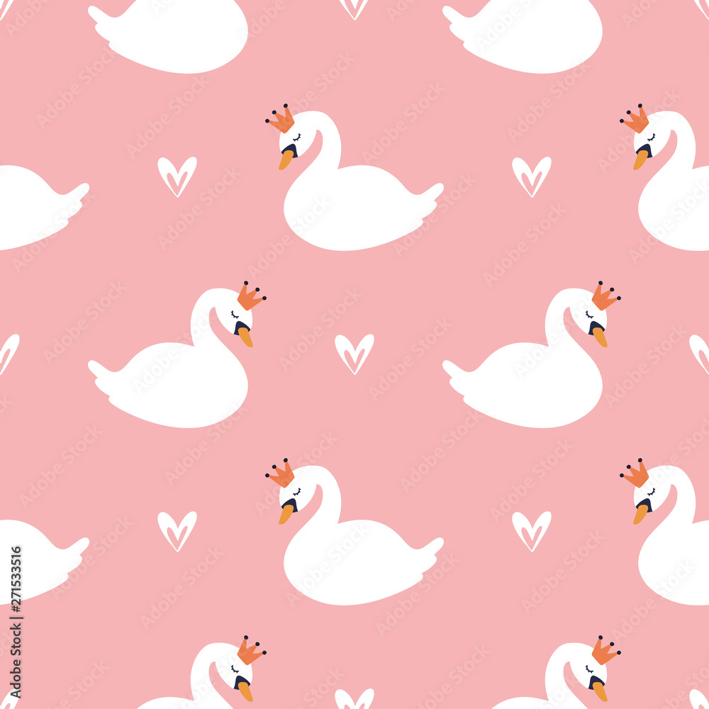 Obraz premium Cartoon cute swan seamless pattern, vector design for wrapping paper, textile, background fill design.