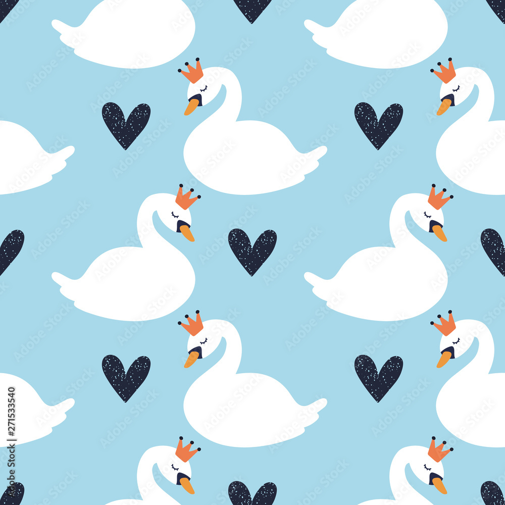 Cartoon cute swan seamless pattern, vector design for wrapping paper, textile, background fill design.
