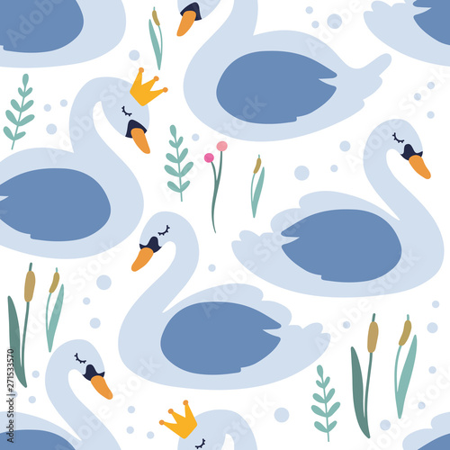Cartoon cute swan seamless pattern, vector design for wrapping paper, textile, background fill design.