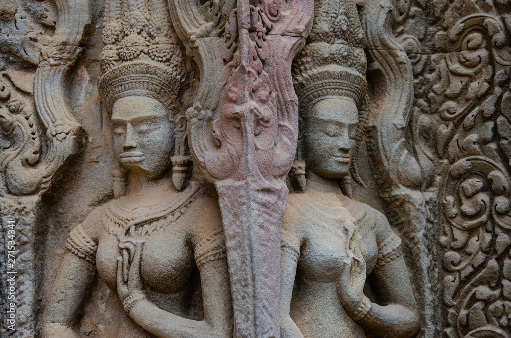 Apsara Decoration Detail of Ta Prohm Temple is The One Attractive Temple In Angkor Thom Area at Siem Reap Province, Cambodia.