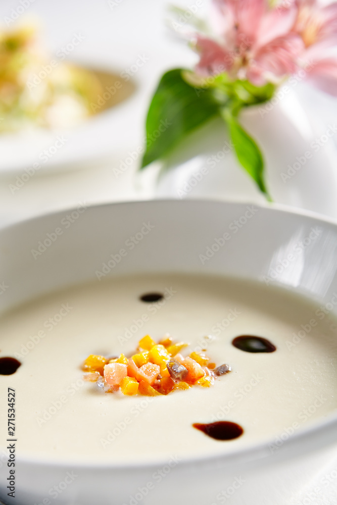 Macro Photo of Exquisite Serving White Cream Soup Macro Photo of Exquisite Serving White Cream Soup