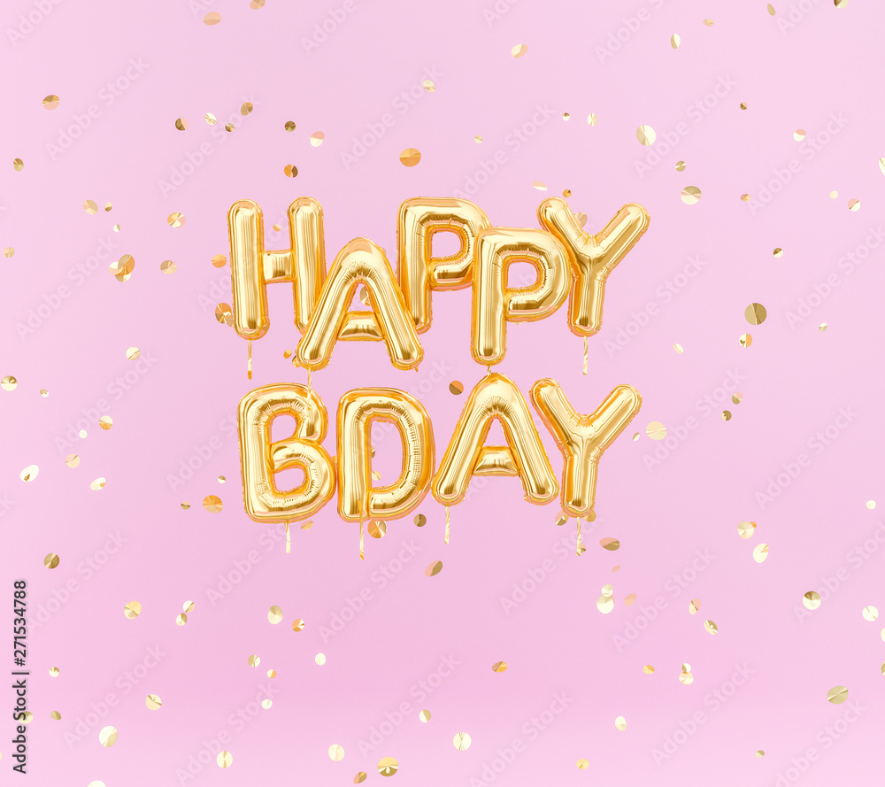 Happy Birthday text congratulations gold foil balloons and confetti on pink background, greeting banner, 3d rendering