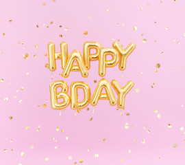 Happy Birthday text congratulations gold foil balloons and confetti on pink background, greeting banner, 3d rendering