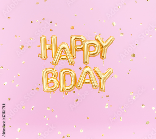 Happy Birthday text congratulations gold foil balloons and confetti on pink background, greeting banner, 3d rendering