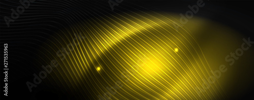 Smoky glowing waves in the dark. Dark abstract background with neon color light and wavy lines. Vector